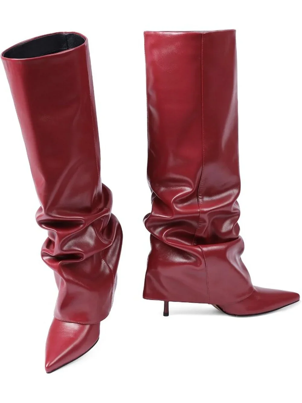 Women's Red Fold Over Point Shark Side Slouchy Hidden Zipper Knee High Boots